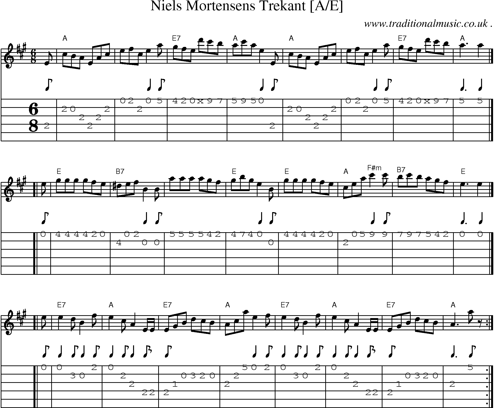 Sheet-music  score, Chords and Guitar Tabs for Niels Mortensens Trekant [ae]